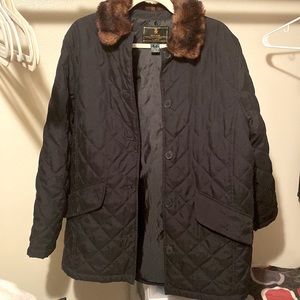 Black Ralph Lauren Jacket, Quilted Pattern, Faux fur collar